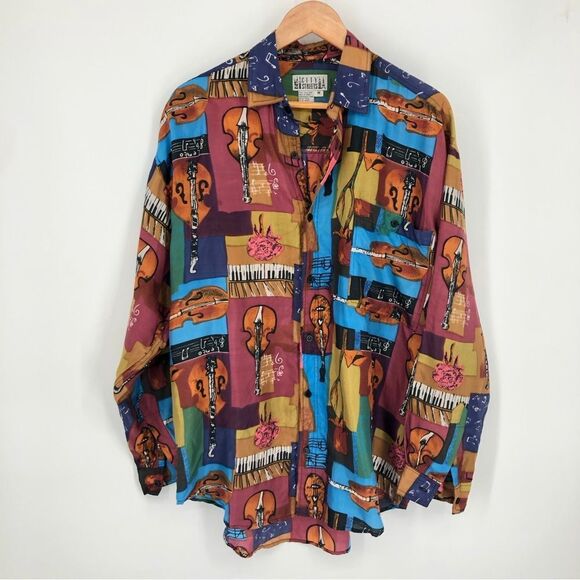 Vintage City Streets Shirt Mens Medium Silk Musical Long Sleeve Button Front - Picture 1 of 12